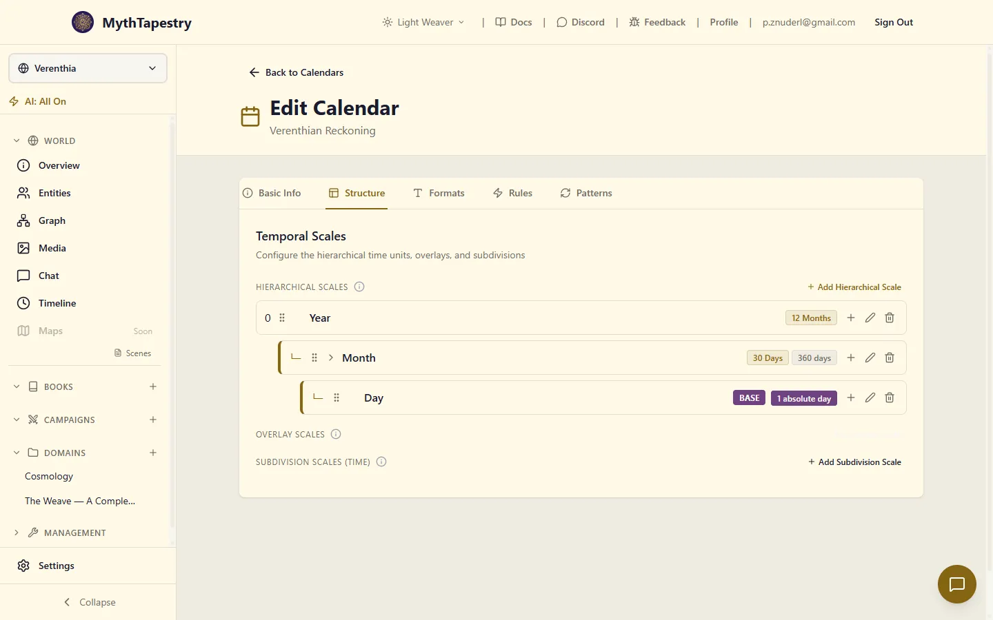 Calendar structure editor showing the temporal scales of the Verenthian Reckoning: tabbed interface with Basic Info / Structure / Formats / Rules / Patterns, hierarchical scales section listing Year (12 Months), Month (30 Days, 360 days total), and Day (BASE, 1 absolute day) with drag handles, edit, and add controls