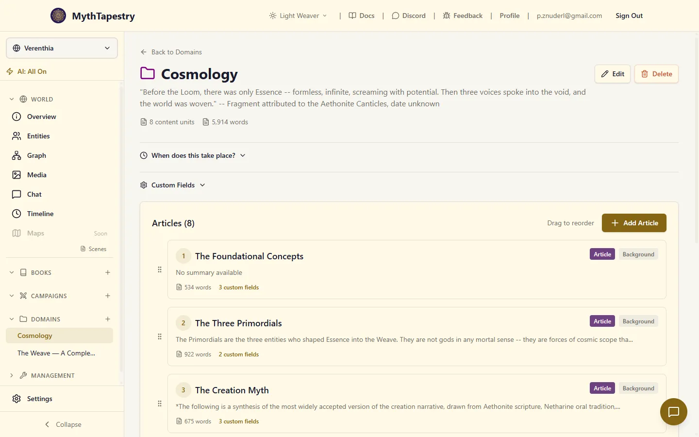 A Cosmology domain container page: header with title and description, stat row showing 8 content units and 5,914 words, expandable 'When does this take place?' and 'Custom Fields' sections, and an ordered list of articles with sequence numbers, types, summaries, and word counts — each draggable to reorder