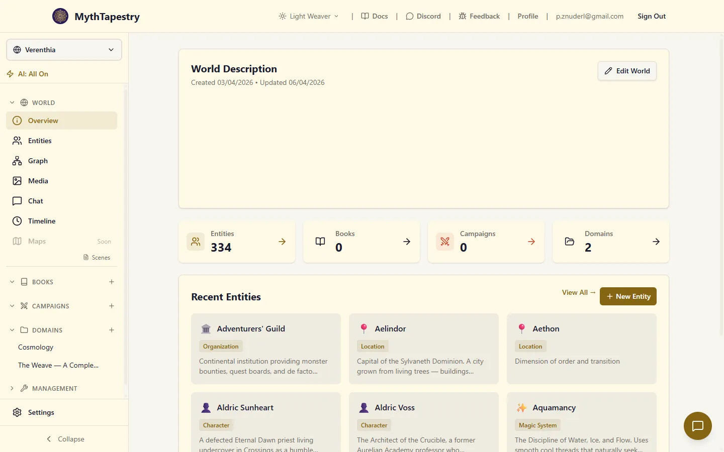 MythTapestry world dashboard: top bar with theme switcher, docs, profile; left sidebar with World, Books, Campaigns, Domains, and Management sections; main area with world description, entity count stats, and a list of recent entities