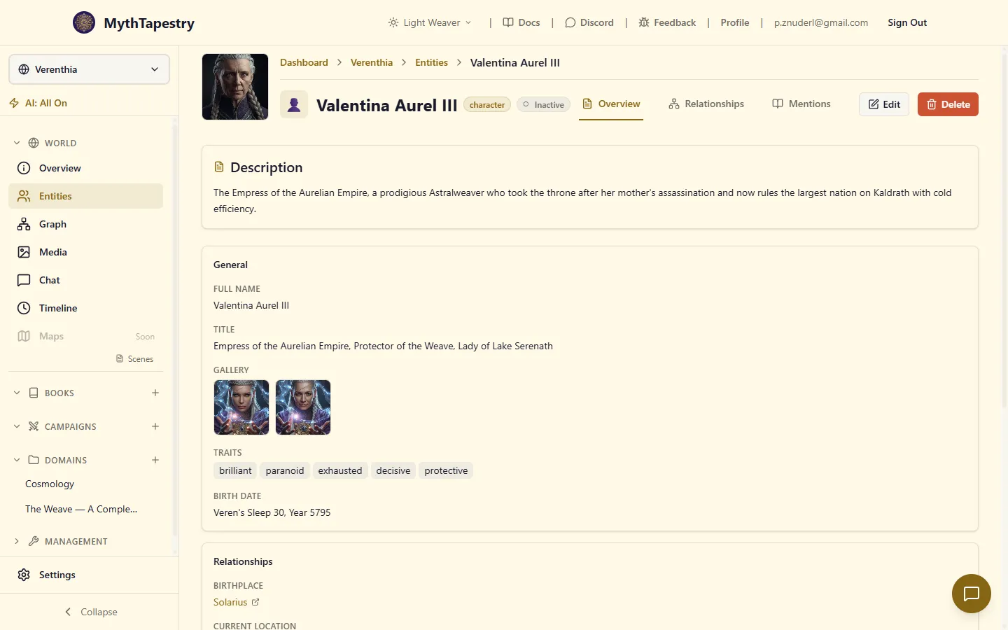 Entity detail page for Valentina Aurel III: portrait avatar, name with 'character' and 'Inactive' status chips, Overview/Relationships/Mentions tabs, Description block, and a General section with full name, title, image gallery, traits, and birth date