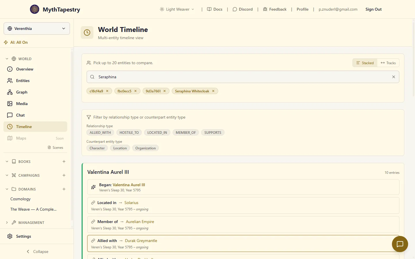 World timeline stacked view: a 'Valentina Aurel III / 10 entries' header followed by chronological cards for each of her life events and relationships, then the next entity's block below
