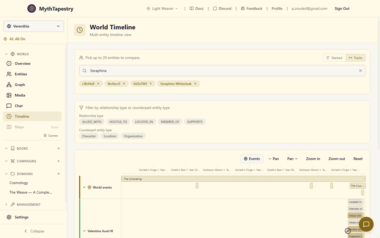 Multi-entity world timeline with the World events track at the top and entity tracks beneath, all sharing the same time axis