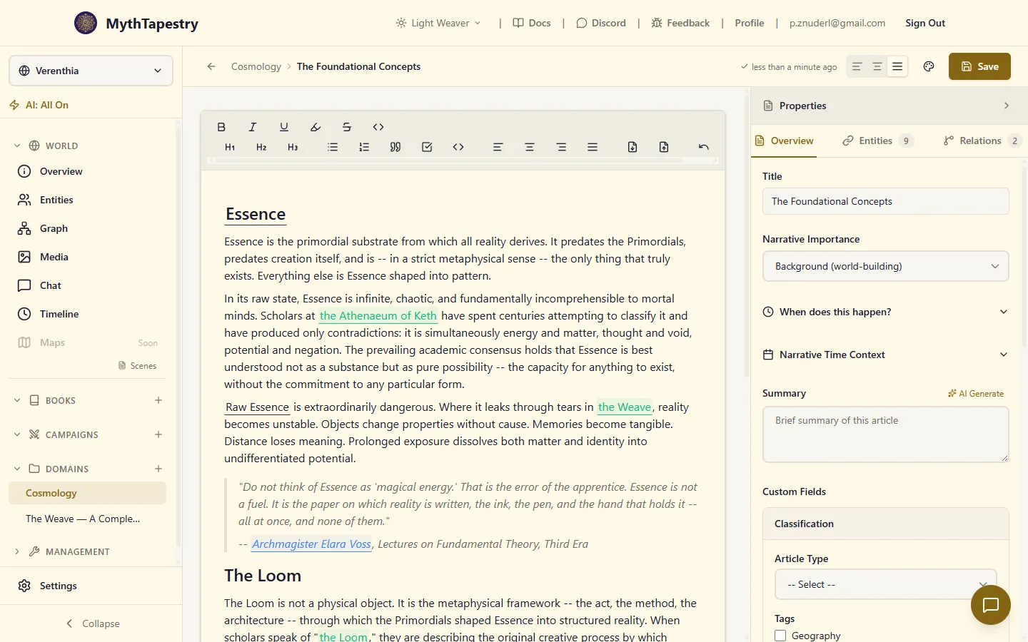 Content editor with the writing environment applied: a formatting toolbar at the top, an article titled 'The Foundational Concepts' showing prose with section headings and inline entity-link highlights, and the Properties drawer on the right with title, narrative importance, summary, and custom fields